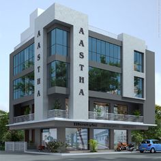 an artist's rendering of a building with cars parked in front and on the street