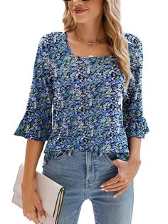 PRICES MAY VARY. [Material]: Poetsky Womens 3/4 sleeve tops and blouses are Soft and stretchy, breathable, comfortable to wear, not see throught, not clingy. [Features]: Solid Color and Pretty Floral Print Style, Trendy Square neck shirts for women, 3/4 Ruffle sleeves womens tops, Loose Casual Tunic Tops, Long enough flowy hem to hide belly and hips, All year around cute tops. [Match]: This womens 3/4 Sleeve T Shirt is basic and stylish, can match with jeans, leggings, shorts, skirts and sweatpa Bell Sleeve Shirt, Fitted Tunic, Tunic Tops Casual, Womens Casual, Boho Casual, Boho Women, Tunic Blouse, Boho Floral, Amazon Women