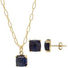 This lapis lazuli stud earrings and necklace set by Gemistry is a stunning addition to your jewelry collection. This lapis lazuli stud earrings and necklace set by Gemistry is a stunning addition to your jewelry collection. Nickel free Metal: sterling silver Chain length: 18 in. + 2-in. extender Backings: post Includes: one pair of earrings and one necklace Packaging: velvety pouch Plating: 14k gold flash plated Finish: polished Earring diameter: 7 mm x 7 mm Chain type: paper clipSTONE DETAILS S Sapphire Gemstone Jewelry Set As Gift, Gold Lapis Lazuli Jewelry With Cabochon, Yellow Gold Lapis Lazuli Cabochon Jewelry, Lapis Lazuli Dangle Jewelry As A Gift, Lapis Lazuli Dangle Jewelry For Gift, Gold Lapis Lazuli Cabochon Jewelry, Gold-plated Cabochon Jewelry Gift, Sapphire Jewelry With Matching Earrings For Gift, Fine Jewelry Sapphire Cabochon