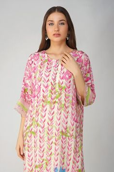 Pink kurta with all over multi color leaf, bird print and scalloped lace sleeve borders. Paired with straight fit pant with sheer border details, printed dupatta with sequin and bead drop tassels. - Aza Fashions Designer Tops With Printed Motifs, Pink Kurta, Kurta Set For Women, Straight Fit Pants, Printed Dupatta, Straight Kurta, Women Kurta, Bird Print, Scalloped Lace