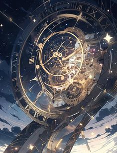 an artistic image of a clock in the sky with stars and clouds around it,