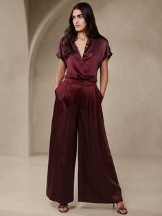 Dark Cherry Red, Silk Pant, Royal Outfits, Womenswear Fashion, Satin Pants, Ultra Wide, High Waist Fashion, Bow Detail Dress, Banana Republic Pants