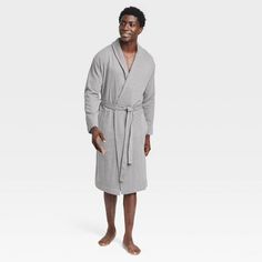 You'll love the comfort of this Men's French Terry Robe from Goodfellow & Co™. Fashioned in French terry cotton blend fabric in a relaxed fit, this long-sleeved, calf-length robe has a rolled hem, open front and split neckline that can be closed with the inner tie and included sash belt, while the patch pockets are perfect for your cell phone or other small necessities. Easy to wear and easy to care for, just toss this robe into the washing machine and tumble dry in the dryer when needed.

Goodf Mens Flannel Pajamas, Winter Robes, Mens Plaid Flannel, Terry Cloth Robe, Terry Robe, Belted Robe, Men's Robes, One Piece Clothing, One Piece Pajamas