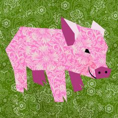 a pink pig on a green background with white flowers and paisley designs in the shape of an ornament