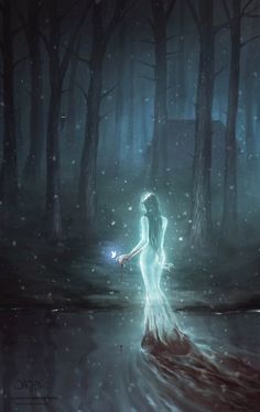 a woman in a white dress standing in the dark woods holding a butterfly with her right hand