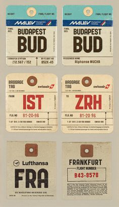 two luggage tags with the names and numbers of different destinations are shown on a gray background