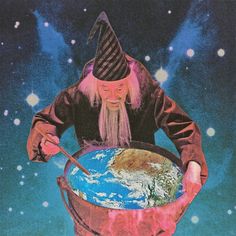 an old wizard holding a pan with the earth in it