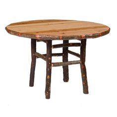 a round wooden table with logs on the top and legs, against a white background