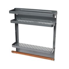 a metal shelf with two shelves on each side and a wooden handle in the middle