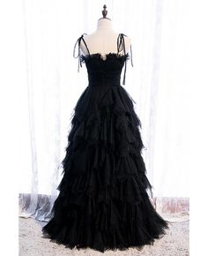 Buy black tiered ruffle tulle party dress with straps at affordable price online. Free shipping and pro custom service since 2009. Strapless Evening Dress, Spaghetti Strap Prom Dress, Tulle Evening Dress, Long Prom Gowns, Lace Wedding Dress Vintage, A Line Prom Dresses, فستان سهرة, Black Tulle, Vestidos Vintage