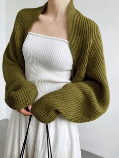 Solid Open-Front Shrug Sweater March Fashion, Crochet Coats, Baggy Tops, Heading Fonts, Plain Style, Spring Fashion Outfits, Long Midi Dress, Outerwear Outfit, Green Coat