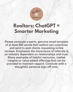 the text reads realtors chatgtt = smarter marketing please compose a warm, genuine email template