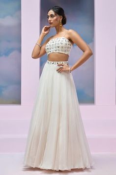 Ivory cape with mirror and nalki embroidery. Comes with coordinating blouse and embroidered waistband lehenga. - Aza Fashions Cape Lehenga, Organza Blouse, Blouse Sleeveless, Set Women, Aza Fashion, Lehenga, Cape, Mirror, Embroidery