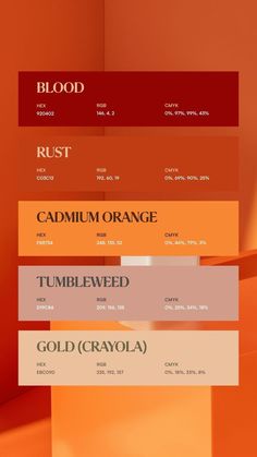 an orange and red color scheme with the words rust, cadmium orange, tumblweed, gold crayola