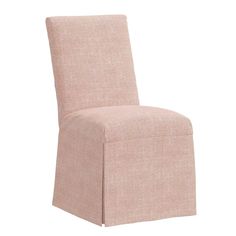 the side view of a chair with a pink upholstered back and seat cover