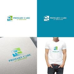 a man standing next to a white and blue shirt with the words primary care on it