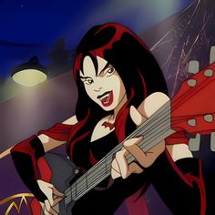 a woman with red hair playing an electric guitar in front of a dark sky and stars