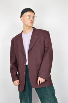 Vintage dark red classic 80's wool suit blazer {34} PRODUCT INFO: Material - 80% WOOL / 20% POLYESTER / Size tag on item - XXL / FULL LENGTH - 84 CM / 33 INCH / SHOULDER TO SLEEVE - 64 CM / 25 INCH / SHOULDER TO SHOULDER - 52 CM / 20.5 INCH / Our model is 179 cm and normally wears a size M INFO: Due to item's vintage condition, the original tag might not show the true size. If you have any questions about this product or shipping just drop us a message and we will get back to you as soon as poss Red Winter Business Casual Suit, Burgundy Fall Suit For Workwear, Red Wool Suits For Winter, Burgundy Blazer With Suit Collar For Work, Burgundy Single-breasted Business Outerwear, Burgundy Single-breasted Blazer For Office, Burgundy Single-breasted Office Blazer, Notch Lapel Burgundy Blazer For Office, Burgundy Notch Lapel Blazer For Office