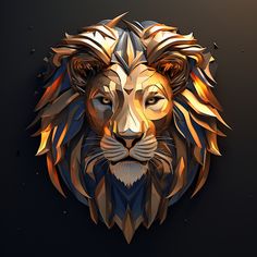 a lion's head made out of geometric shapes on a black background with gold and blue highlights