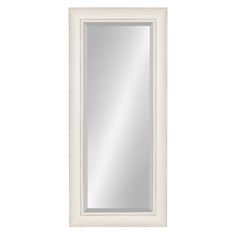 a white framed mirror on a wall with a light colored border around the frame and bottom edge