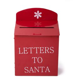 a red mailbox with the words letters to santa written on it and a snowflake