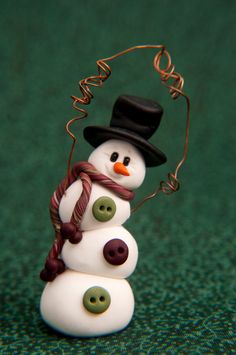 a close up of a snowman wearing a hat and scarf with buttons attached to it