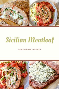 the cover of sicilian meatloaf, with different types of food and sauces