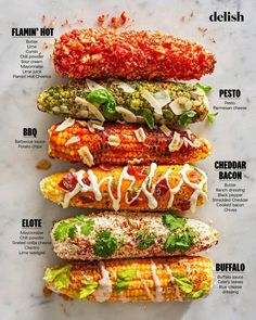 four grilled corn on the cob with different condiments and seasoning