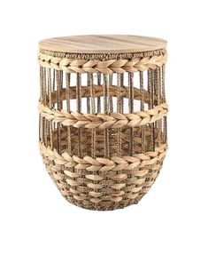 two wicker baskets sitting side by side on top of each other, one with a wooden