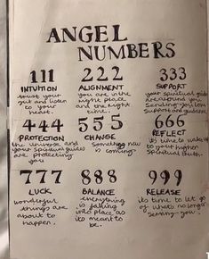 a sign with numbers and times on it in front of a white sheet that says angel numbers