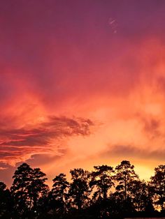 the sky is pink and orange as the sun sets in the distance behind some trees