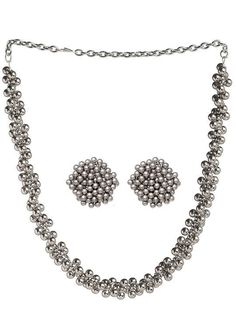 This jewellery set consists of a choker necklace, a pair of earrings Oxidised silver-toned choker necklace, secured with an adjustable S hook closure A pair of matching drop earrings, secured with a post-and-back Size & Fit Dimensions: Necklace: 30 cm x 1 cm (Length x Width ) Earring: 3 cm x 3 cm (Length x Width) Material & Care Material: Alloy Plating: Silver-plated Care Instructions: Wipe your jewellery with a soft cloth after every use Always store your jewellery in a flat box to avoid accidental scratches Keep sprays and perfumes away from your jewellery Do not soak your jewellery in water Dispatch within 7 days Silver Necklaces With Matching Earrings, Festive Silver Costume Jewelry Sets, Metal Choker With Silver Beads, Oxidized Metal Jewelry Sets, Silver Beads Metal Choker Jewelry, Silver Choker Jewelry Sets As Gift, Silver Metal Choker Jewelry Sets, Silver Jewelry Sets With Matching Earrings, Silver Beads Party Choker