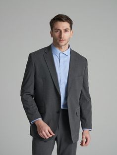 This is a refined and comfortable blazer that is made out of high quality polyester, rayon, and spandex blend fabric. With design detail of side flap pockets, inner welt pocket, and woven logo label inside, it gives a refined and luxurious mood.- 4-way stretch fabric- Top dyeing processed fabric- Single breasted button down- Inner welt pocket**Additional price for size 120-140 Gray Blazer With Suit Collar In Suiting Fabric, Gray Single Button Suit For Office, Modern Solid Color Suits For Business Casual, Gray Office Blazer In Suiting Fabric, Gray Single Breasted Blazer In Suiting Fabric, Modern Solid Color Business Casual Suits, Gray Single-breasted Blazer In Suiting Fabric, Gray Blazer With Notch Lapel In Suiting Fabric, Formal Gray Suit With Pockets