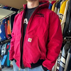 *Size men's XL, refer to measurements *In great condition *Nice embroidery on front *Has a great fade *Great color, can go with any outfit *Zipper works great *Has a great boxy fit *Thick *Message us any questions *Model 6'1 Chest: 28.5 in Length: 30 in Carhartt Jacket Outfit Men, Red Carhartt Jacket, Red Leather Workwear Jacket With Pockets, Red Streetwear Windbreaker With Pockets, Patchwork Carhartt Jacket, Carhartt Jacket Outfit, Faded Carhartt Jacket, Carhartt Jacket, Vintage Carhartt