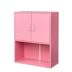 a pink cabinet with two doors on it