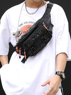 Black  Collar  Oxford  Waist Bag Embellished   Men Bags Fanny Pack Outfit Men, Fanny Pack Outfit, Bum Bag Outfit, Designer Belt Bag, Men Waist, Street Style Bags, Backpack Organization, Vacation Bag, College Bags