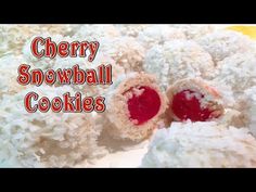 a pile of cherry snowball cookies sitting on top of a white plate with the words cherry snowball cookies