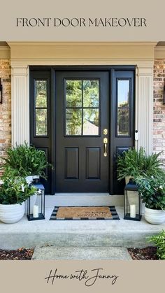 two potted plants sit on the front steps of a house, next to a black door