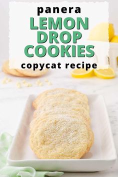 lemon drop cookies on a white plate with text overlay