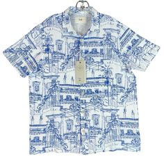 NWT NEW $155 FOLK Shirt Mens Small Blue and White City Art Beach Woven Short Sleeve 100% Cotton. Brand new with tags. See photos for details and measurements. Ships in one day. Folk Style Short Sleeve Tops With Woven Motifs, Blue Printed Short Sleeve Cotton Shirt, Blue Collared Short Sleeve Printed Shirt, Blue Collared Printed Short Sleeve Shirt, Blue Short Sleeve Camp Shirt With All Over Print, White City, Art Beach, Purchase History, City Art