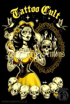 an image of a woman with skulls on her chest and the words tattoo cult written in yellow