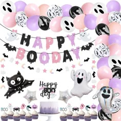 a birthday party with balloons, cupcakes and decorations for a boo happy birthday