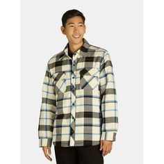 Looking for a perfect jacket that can keep you warm and comfortable during outside activities or on the go errands? Check out this Men's Quilted Flannel Shirt Jacket from George. It is designed with a polyester fill (polyfill) and high pile fleece lining that provides exceptional warmth and versatility. The jacket features set in sleeves and rubberized matte finished snaps on the center front and cuffs (which are adjustable). Plus, it comes with various rubberized snap closure pockets - chest an Fleece Lined Flannel Shirt, Lined Flannel Shirt, Perfect Jacket, Outside Activities, Hooded Flannel, Man Quilt, Hooded Shirt, Mens Fleece, Big Men