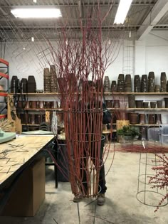 a man working on a sculpture made out of branches in a shop filled with pottery