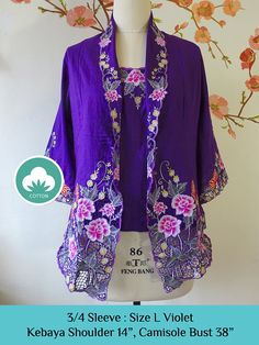 size L: Modern Nyonya Kebaya 3/4 Sleeve purple Traditional Sets With Floral Print And Kimono Sleeves, Spring Cotton Sets With 3/4 Sleeve, Purple Floral Print Cotton Sets, Traditional Purple Sets For Spring, Purple Embroidered Summer Sets, Embroidered Purple Summer Sets, Spring Embroidered Purple Sets, Purple Cotton Wedding Sets, Fitted Sets With Kimono Sleeves For Spring