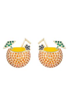 Show off vacay-ready sparkle in tropical drink stud earrings crafted from glossy goldtone plate with pavé cubic zirconia. 1" diameter Post back Goldtone plate/cubic zirconia/enamel Imported Summer Party Yellow Gold Jewelry, Lilly Pad, Tropical Drink, Summer Theme, Cz Stud Earrings, Crystal Set, By The Beach, Earring Crafts, Digital Gift Card