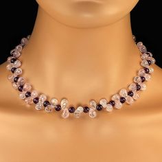 This is part of Chairish’s Fine Jewelry assortment.  Stunning One-of-a-Kind Morganite and Amethyst Necklace – 18 Inches of Sparkle Elevate your jewelry collection with this exquisite one-of-a-kind necklace, featuring a dazzling combination of faceted morganite briolettes and smooth round amethyst gemstones. This 18-inch necklace is designed to add a touch of elegance and sophistication to any outfit, making it a perfect accessory for both casual and formal occasions.  Key Features: Gorgeous Morg Formal Amethyst Gemstone Bead Necklace, Elegant Crystal Necklaces With Gemstone Accents, Briolette Natural Stone Necklace For Wedding, Briolette Natural Stones Necklace For Formal Occasions, Briolette Natural Stones Necklace For Formal, Elegant Custom Necklace With Gemstone Beads, Elegant Round Crystal Necklace, Elegant Amethyst Rondelle Necklaces, Elegant Amethyst Rondelle Necklace