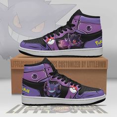 a pair of purple and black sneakers with an image of pokemon on the upper part