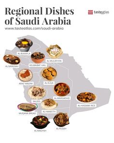 the regional dishes of saudi araba are featured in this map with their names