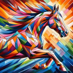 a painting of a colorful horse running